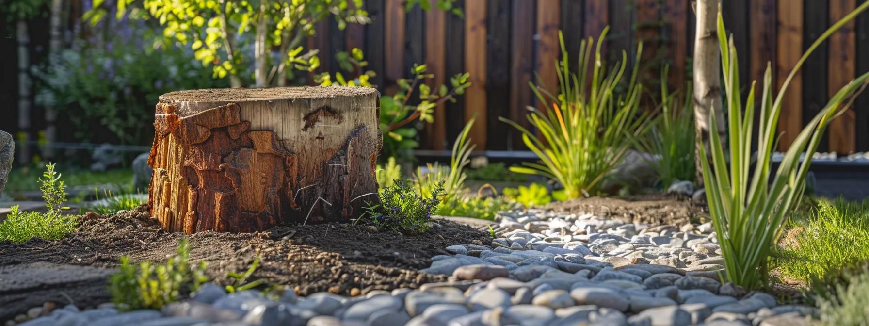 a vibrant urban landscaping project showcases freshly processed soil rich in organic texture, meticulously arranged around a newly installed decorative stump that enhances the designed outdoor space. a vibrant urban landscaping project showcases freshly processed soil rich in organic texture, meticulously arranged around a newly installed decorative stump that enhances the designed outdoor space.