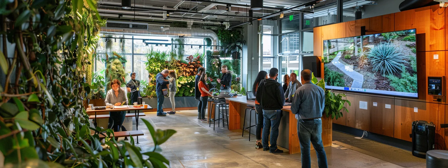 a vibrant urban landscaping office bustling with professionals discussing organic mulching techniques, showcasing diverse mulch materials and sleek designs for sustainable garden solutions on large display screens. a vibrant urban landscaping office bustling with professionals discussing organic mulching techniques, showcasing diverse mulch materials and sleek designs for sustainable garden solutions on large display screens.