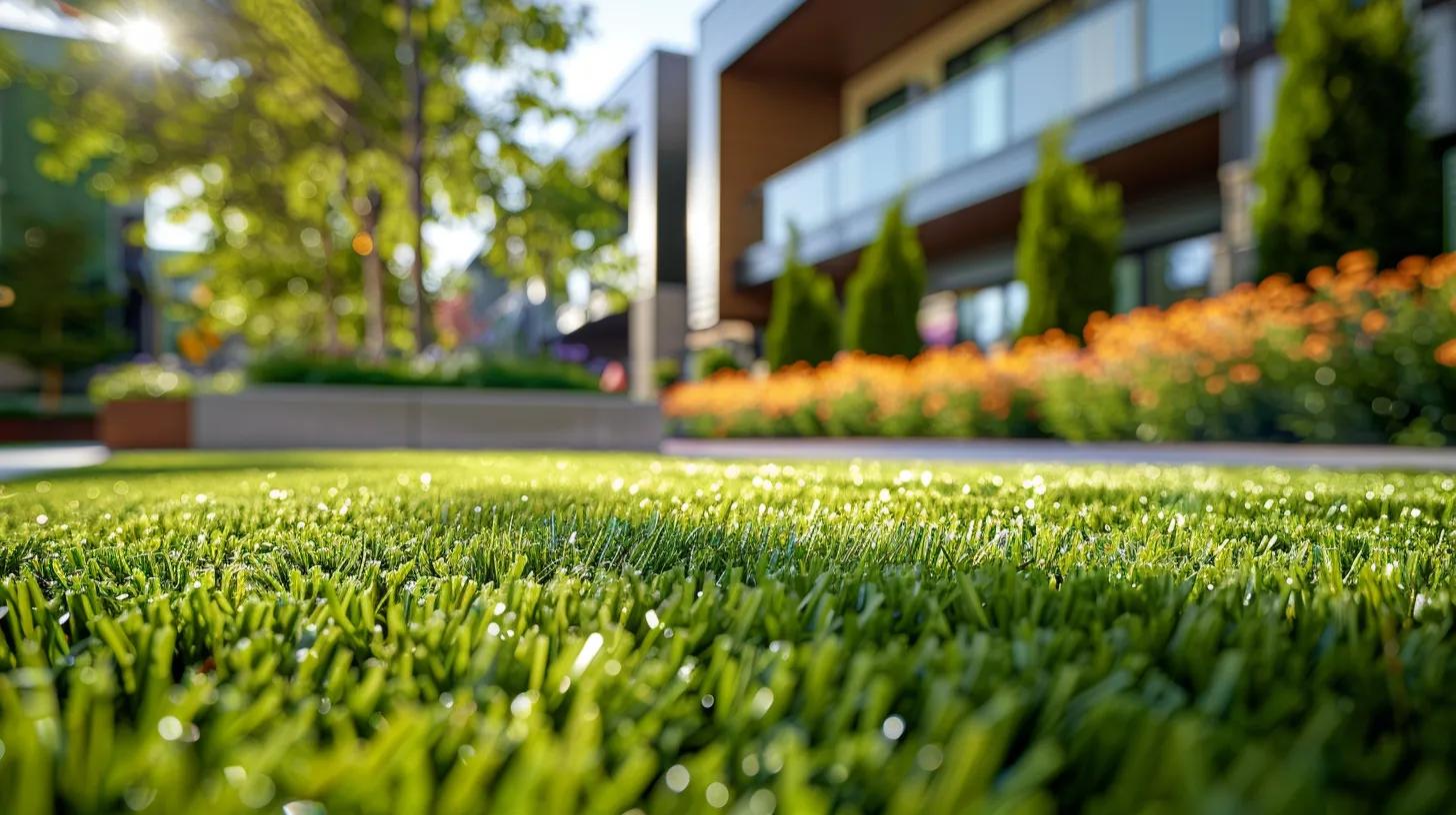 a vibrant urban lawn care scene showcases a manicured lawn in a modern chattanooga neighborhood, featuring neatly trimmed grass and colorful flower beds that enhance the home's curb appeal.