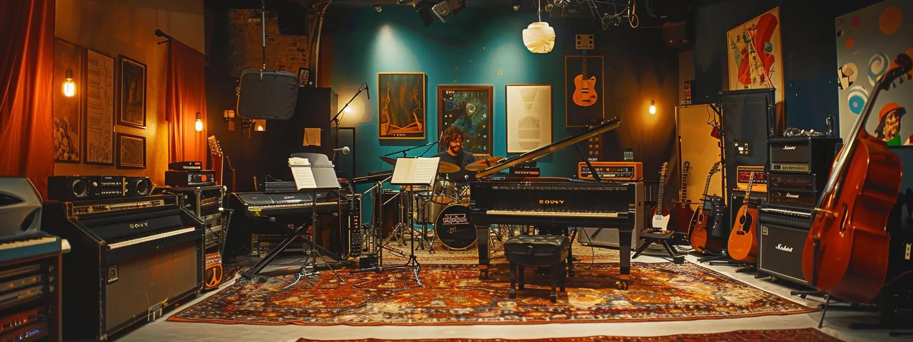 a vibrant urban music studio, filled with diverse instruments and rich musical decor, showcases a focused individual deeply engaged in exploring complex compositions and innovative soundscapes. a vibrant urban music studio, filled with diverse instruments and rich musical decor, showcases a focused individual deeply engaged in exploring complex compositions and innovative soundscapes.