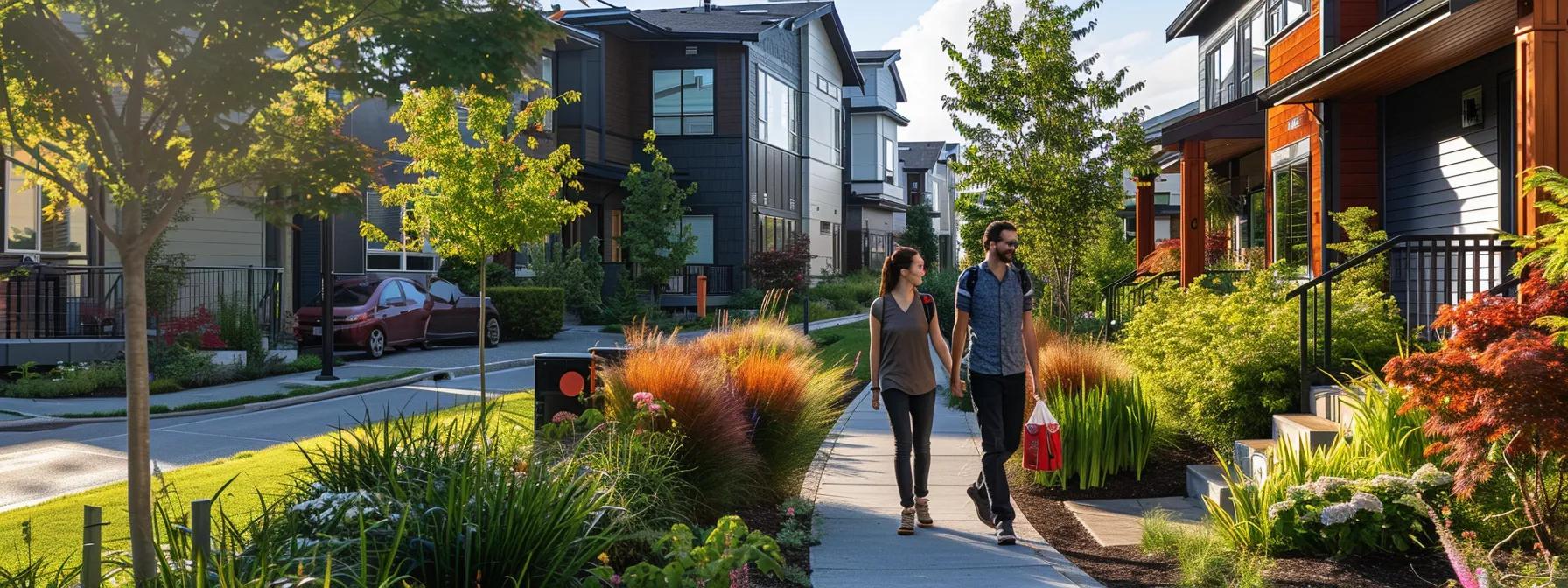 a vibrant urban neighborhood showcasing diverse family homes, bustling local amenities like shops and parks, accompanied by a couple reviewing community resources, epitomizing the search for an ideal place to buy their first home.