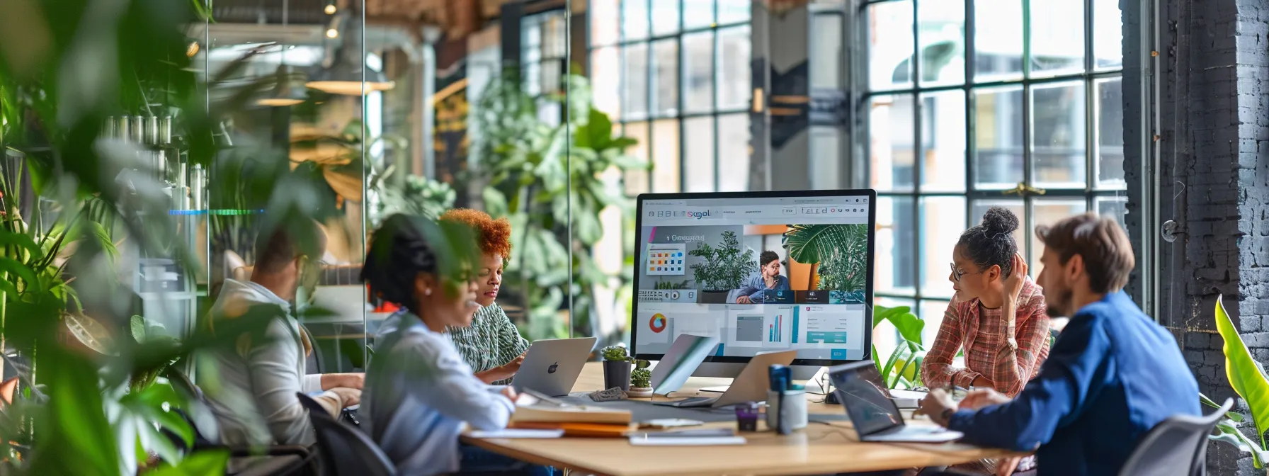 a vibrant urban office scene showcasing a diverse team collaborating around a digital display, strategizing on integrating google my business with social media and email marketing to enhance their small business's online presence and drive revenue growth.