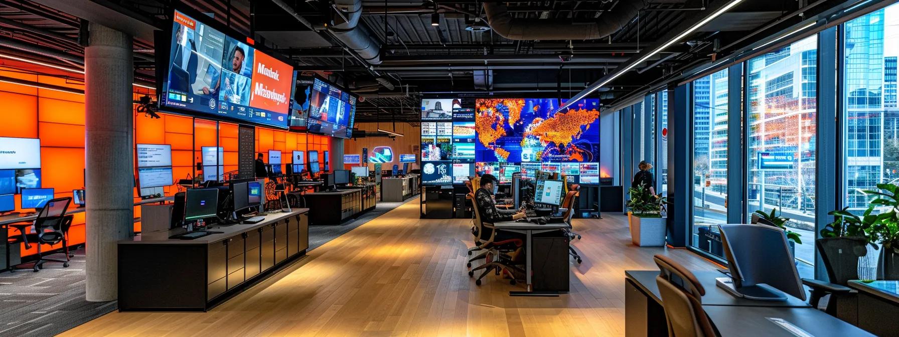 a vibrant urban office space filled with digital screens displaying synchronized ctv and social media campaign metrics, accented by collaborative teams engaged in dynamic discussions and strategizing for media outreach.