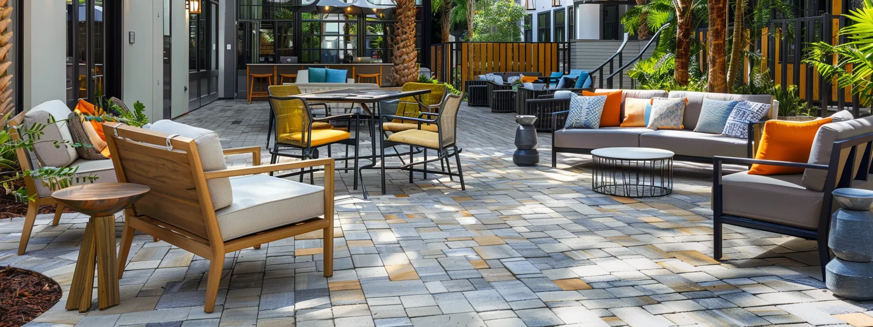 a vibrant urban outdoor space in st. cloud, florida, showcasing expertly installed pavers that create an inviting patio area, with modern furniture and elegant decor enhancing the atmosphere.