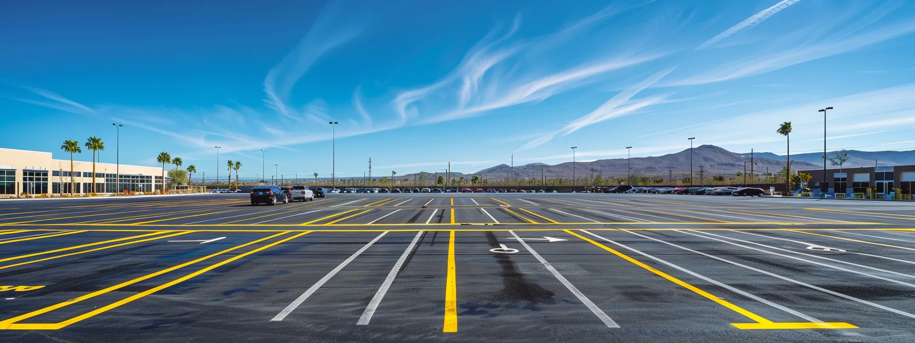 a vibrant urban parking lot showcases freshly striped lanes and designated electric vehicle spaces, emphasizing the importance of professional striping services for enhancing traffic safety and preventing liability issues for businesses.