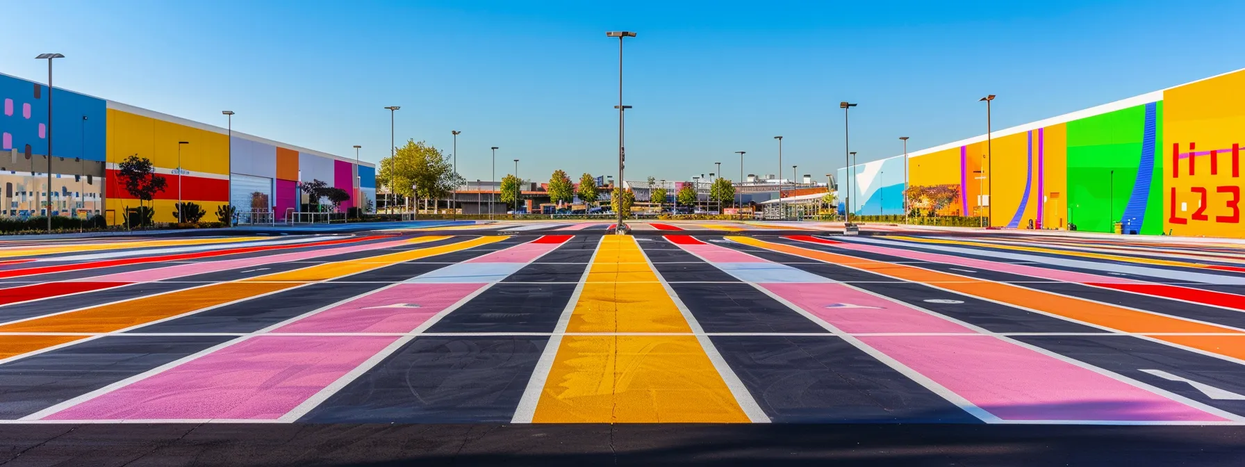 a vibrant urban parking lot showcases expertly striped lanes and clearly marked pedestrian pathways, emphasizing safety and organization with dynamic colors and bold stencil designs against a bustling backdrop of businesses.
