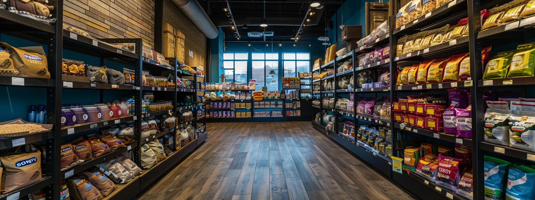 a vibrant urban pet food store interior showcases premium usa-made salmon wet dog food prominently displayed on sleek shelves, attracting enthusiastic pet owners with its eye-catching packaging and rich colors. a vibrant urban pet food store interior showcases premium usa-made salmon wet dog food prominently displayed on sleek shelves, attracting enthusiastic pet owners with its eye-catching packaging and rich colors.