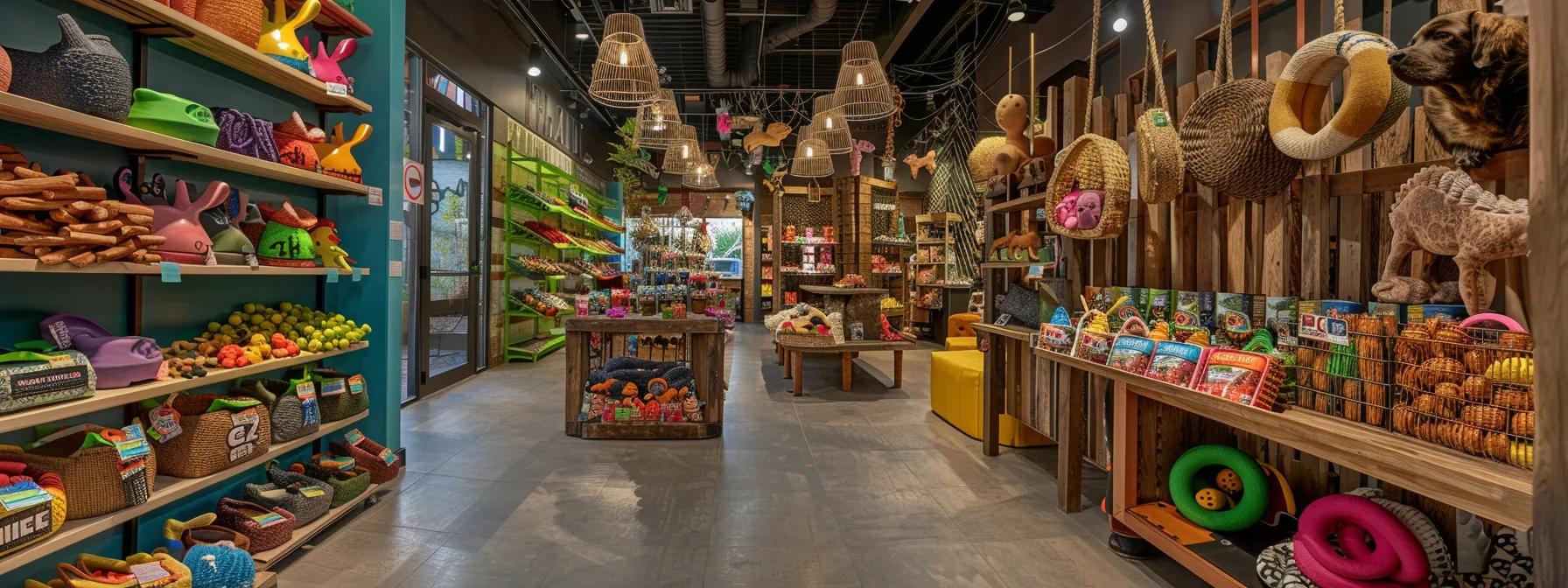 a vibrant urban pet store showcases a colorful display of natural dog chew toys made from rubber, wood, and rope, inviting pet owners to explore environmentally friendly options in a modern retail setting.