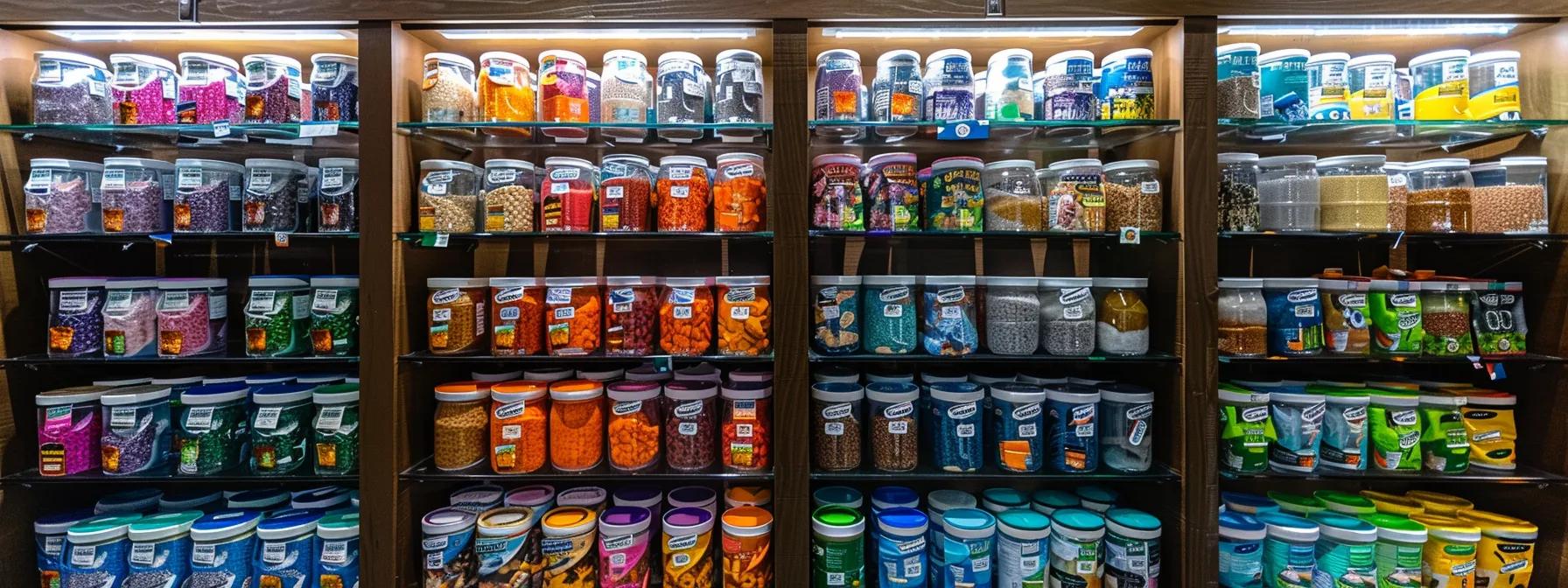 a vibrant urban pet supply store displays an array of colorful commercial iguana food packages neatly arranged on polished shelves, showcasing the various nutrient-rich formulations designed for captive iguanas. a vibrant urban pet supply store displays an array of colorful commercial iguana food packages neatly arranged on polished shelves, showcasing the various nutrient-rich formulations designed for captive iguanas.