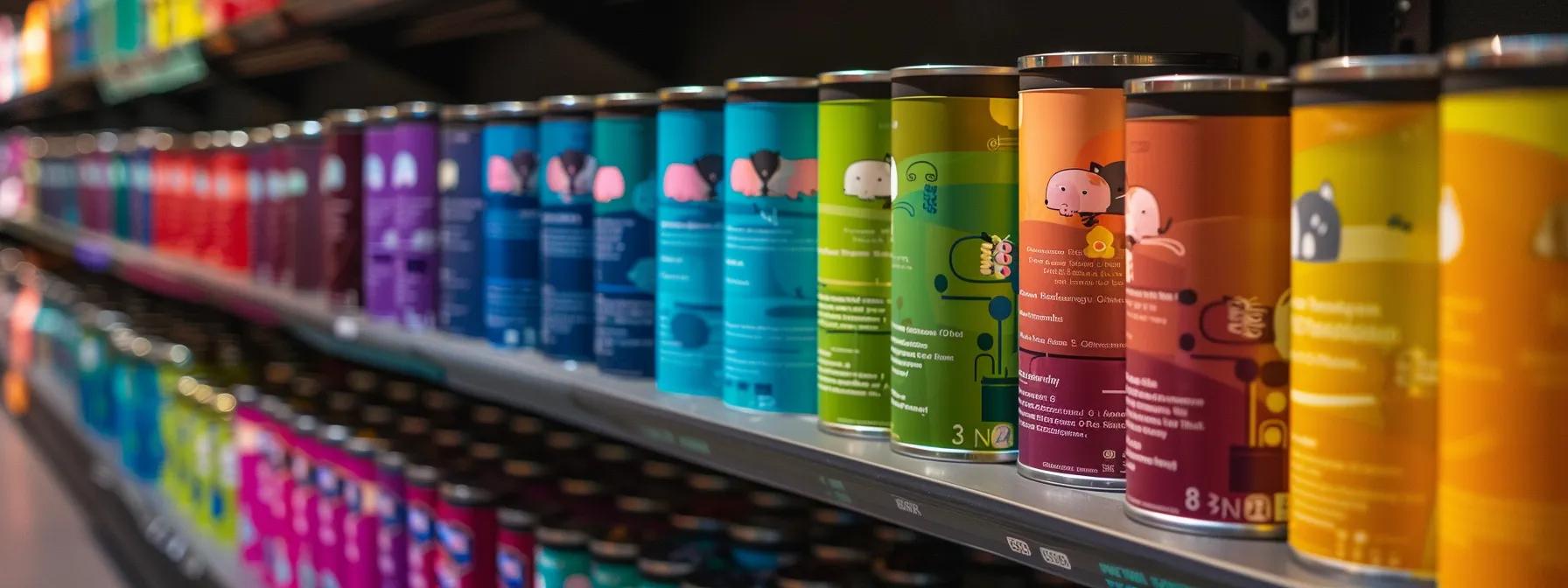 a vibrant urban pet supply store displays colorful cans of nutrient-rich kitten wet food, with eye-catching labels showcasing protein content and essential ingredients, inviting pet owners to invest in optimal growth and development for their young cats. a vibrant urban pet supply store displays colorful cans of nutrient-rich kitten wet food, with eye-catching labels showcasing protein content and essential ingredients, inviting pet owners to invest in optimal growth and development for their young cats.