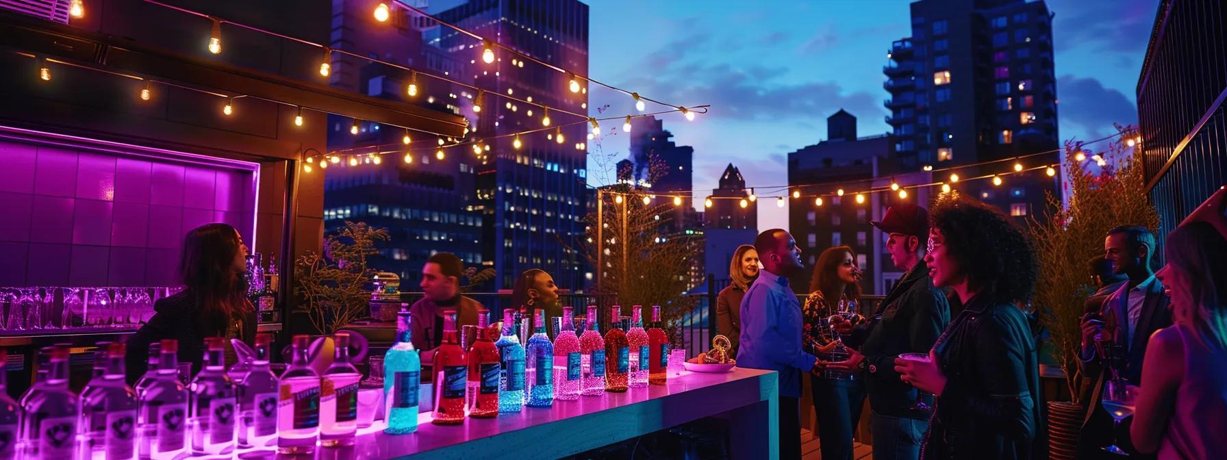 a vibrant urban rooftop party scene, illuminated by colorful lights, showcases stylishly arranged thc seltzers on a sleek bar, where energetic guests engage in lively conversations, embodying a new wave of social connectivity and modern celebration.
