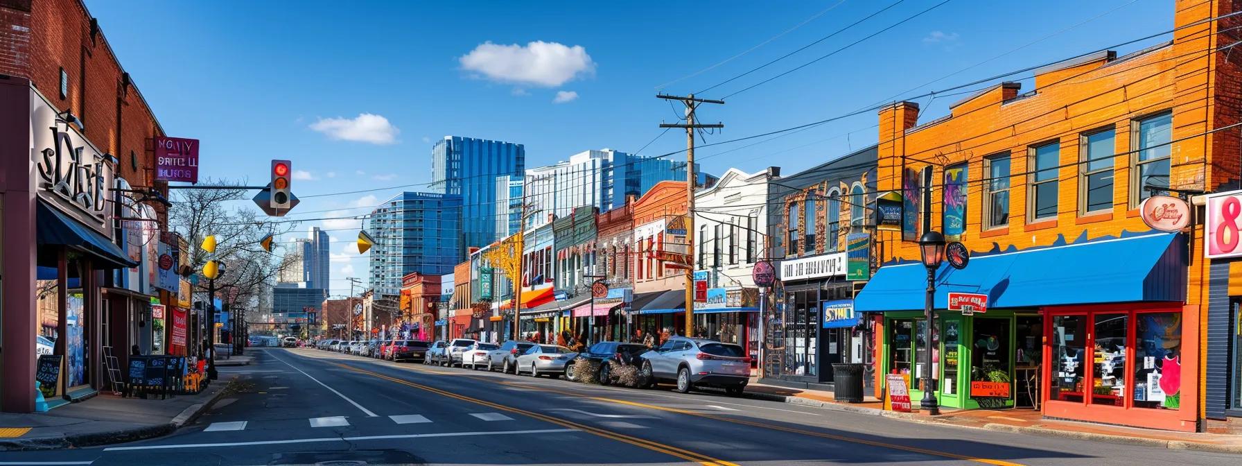 a vibrant urban scene showcasing the charming streets and distinctive architecture of belle meade, nashville, highlighted by inviting cafés and stylish boutiques, bustling with friendly neighbors and visitors exploring the community.