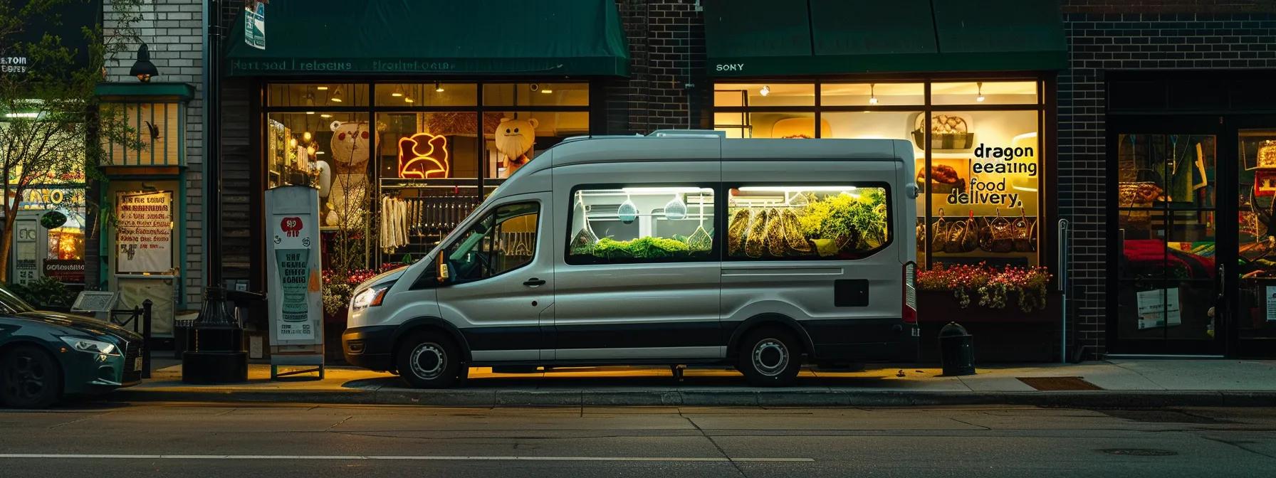 a vibrant urban setting features a sleek delivery van parked outside a modern pet supply shop, with a close-up view of a package labeled a vibrant urban setting features a sleek delivery van parked outside a modern pet supply shop, with a close-up view of a package labeled