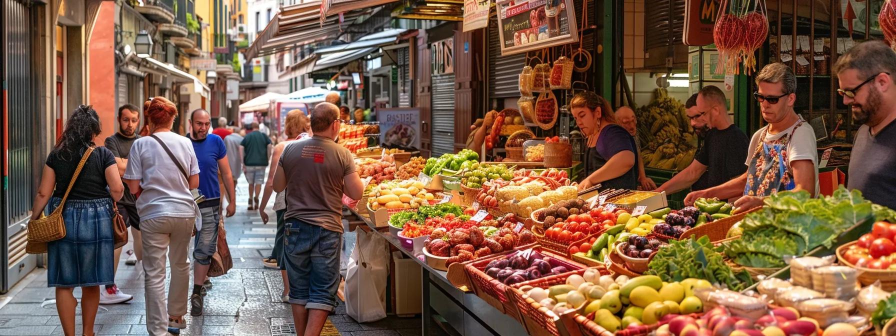 a vibrant urban street bustling with locals and tourists savoring gourmet bites at a lively pintxo bar, surrounded by colorful market stalls showcasing fresh produce and artisanal goods, capturing the essence of a curated food path adventure in spain’s basque country.