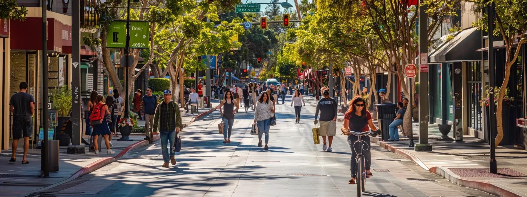 a vibrant urban street in san diego showcases a newly installed speed bump, with pedestrians confidently walking and cyclists passing by, highlighting enhanced safety and community engagement amidst lively local businesses.