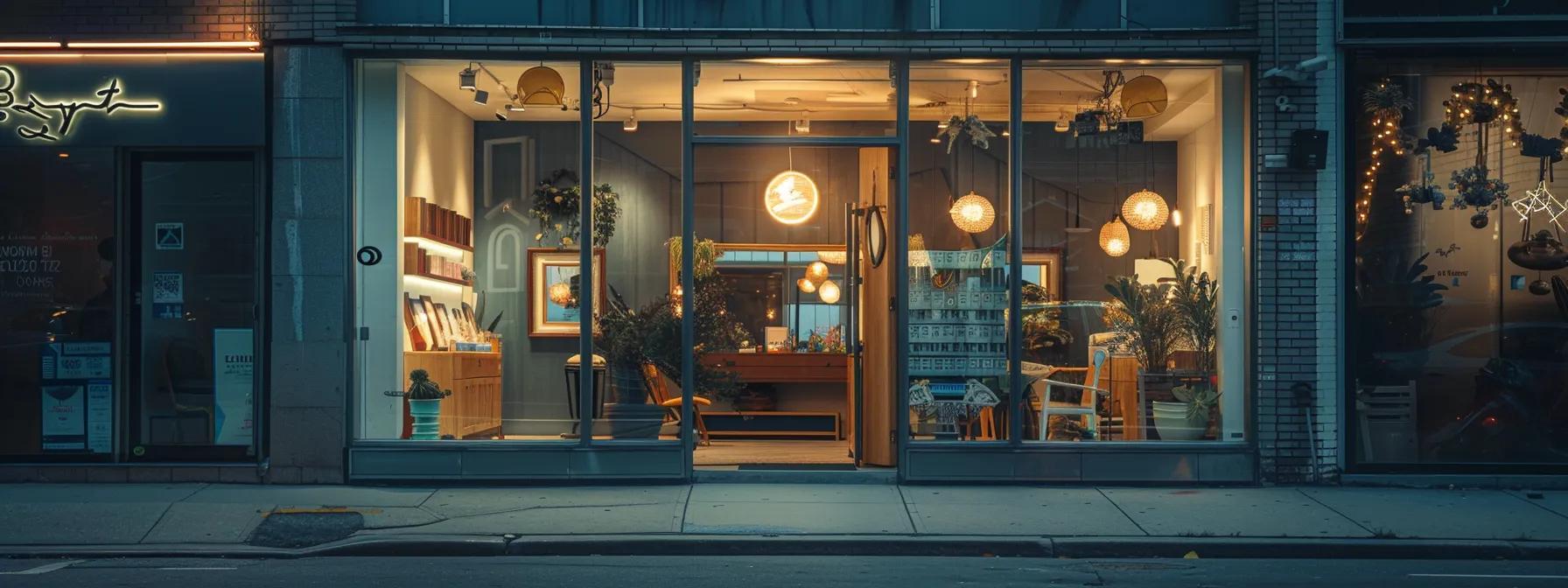 a vibrant urban street scene showcases a trendy waxing salon with an inviting glass storefront, featuring elegant signage and a warm interior ambiance, illustrating the local beauty culture of queens.
