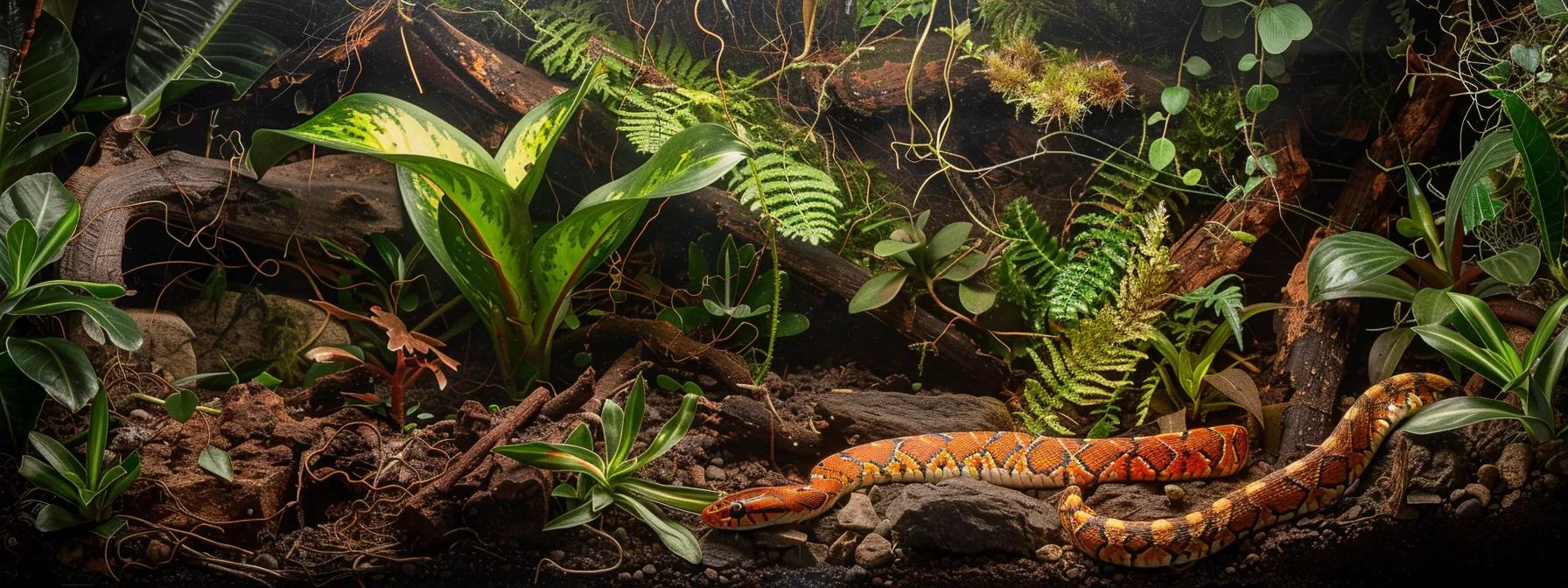 a vibrant urban terrarium displays a corn snake basking under a warm artificial light, nestled among textured substrates, while humidity gauges and temperature monitors reflect its meticulously controlled habitat resembling subtropical conditions. a vibrant urban terrarium displays a corn snake basking under a warm artificial light, nestled among textured substrates, while humidity gauges and temperature monitors reflect its meticulously controlled habitat resembling subtropical conditions.