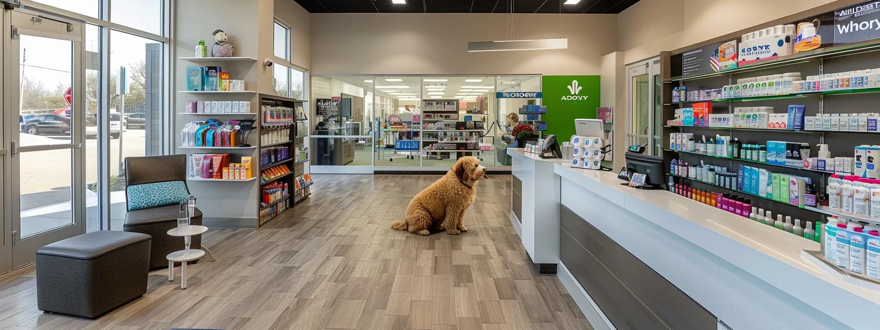 a vibrant veterinary clinic interior showcases a well-groomed dog receiving expert care, surrounded by avoderm product displays emphasizing tailored nutrition for optimal skin health. a vibrant veterinary clinic interior showcases a well-groomed dog receiving expert care, surrounded by avoderm product displays emphasizing tailored nutrition for optimal skin health.