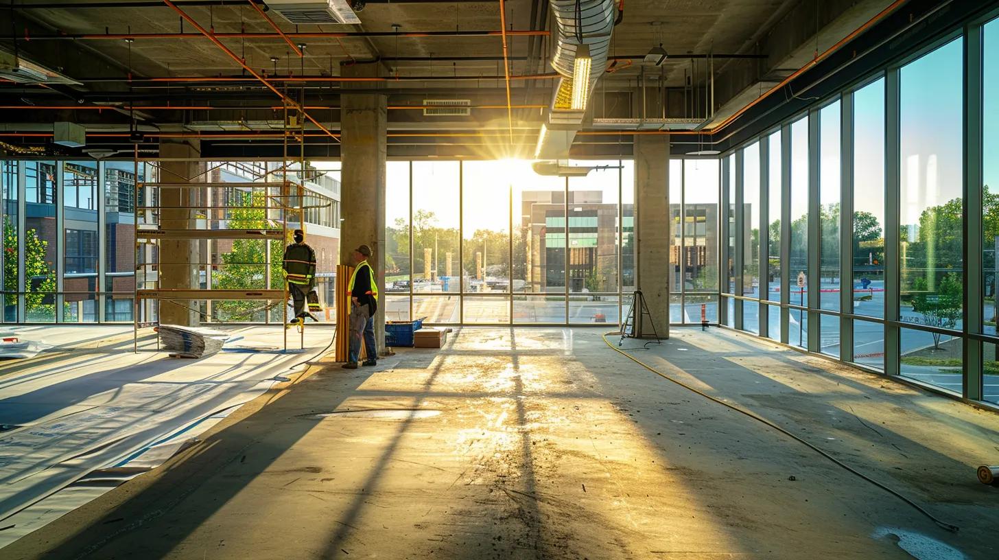 a vibrant view of a commercial building undergoing a seamless remodeling process in knoxville, showcasing workers efficiently collaborating amidst blueprints and local regulations documents, bathed in the warm glow of the afternoon sun. a vibrant view of a commercial building undergoing a seamless remodeling process in knoxville, showcasing workers efficiently collaborating amidst blueprints and local regulations documents, bathed in the warm glow of the afternoon sun.