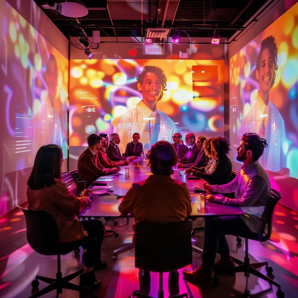 a vibrant virtual meeting room filled with diverse participants engaging enthusiastically in interactive mental health activities on sleek digital devices, illuminated by warm, inviting lighting that creates an atmosphere of support and connection.