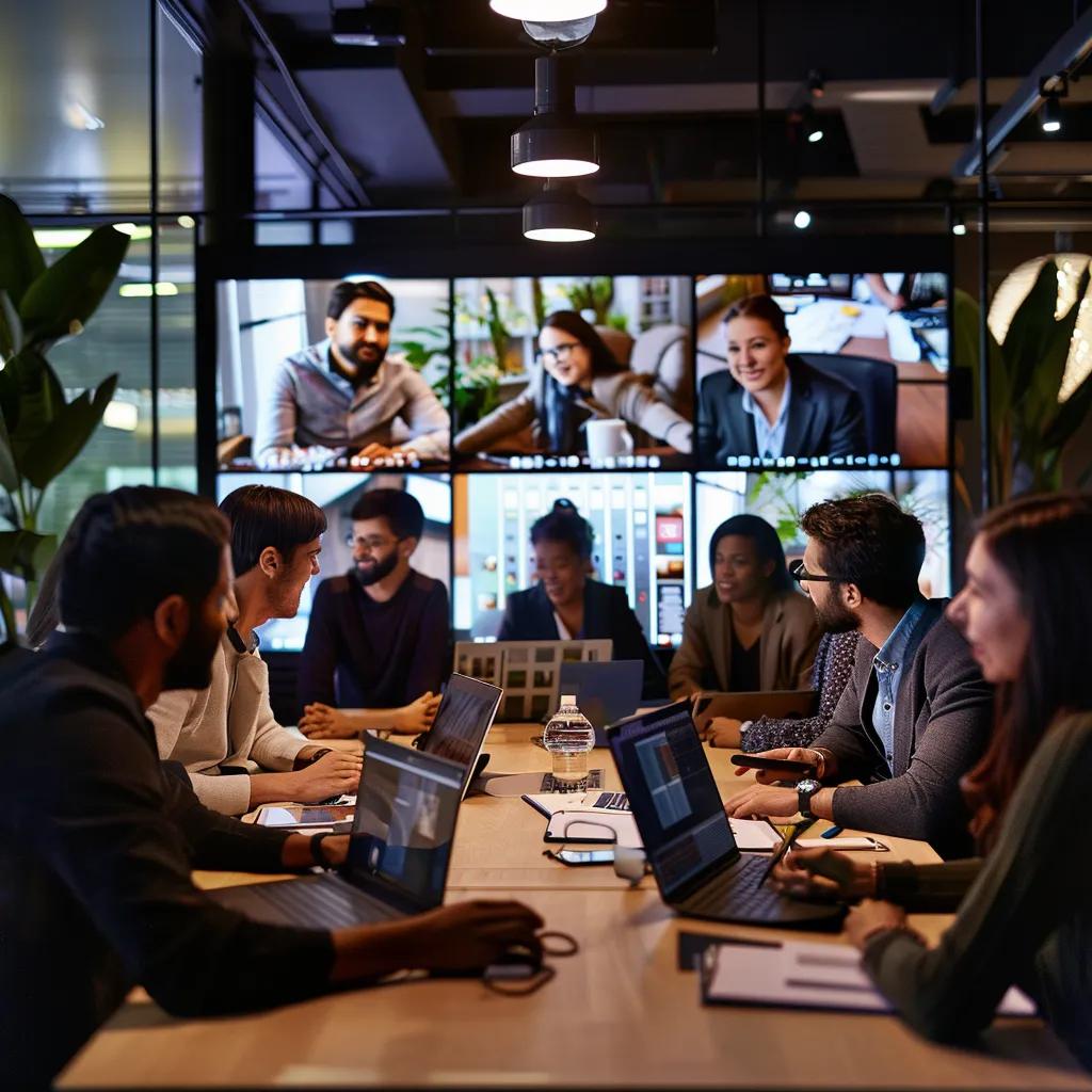 a vibrant virtual meeting room filled with diverse participants engaging enthusiastically around a digital screen displaying interactive mental health resources, emphasizing connection and support in an online community.