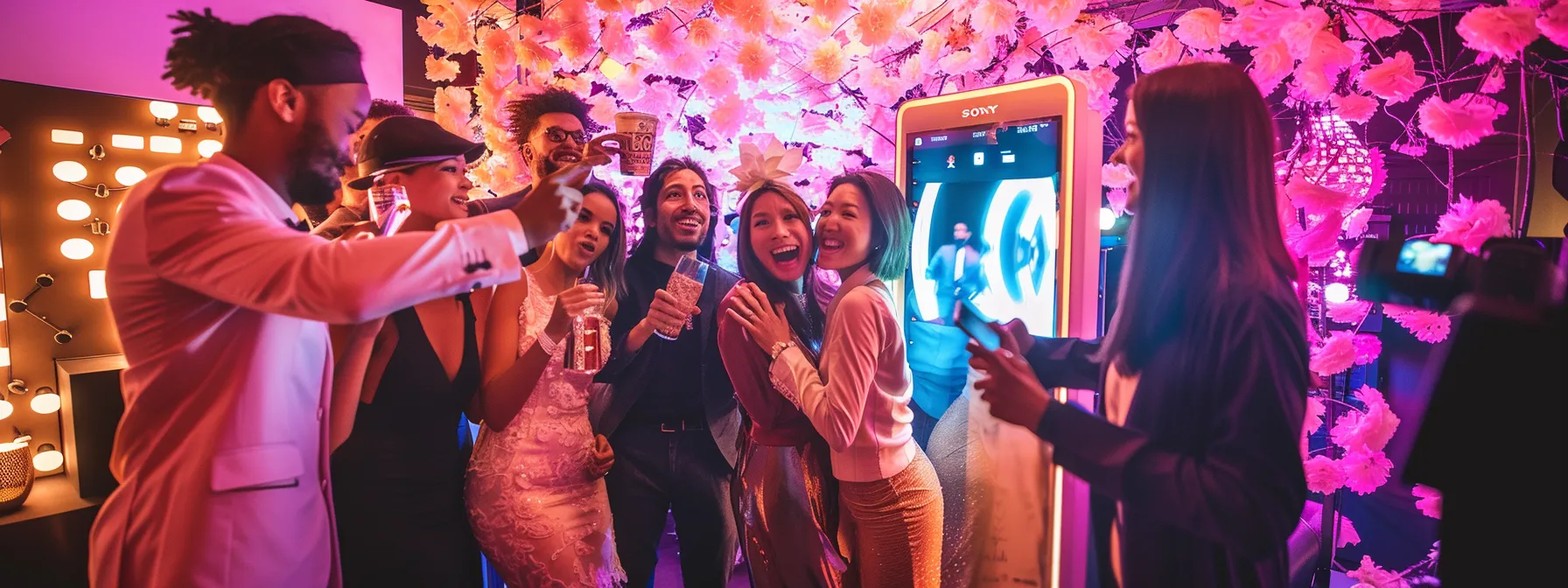 a vibrant wedding scene captures joyful guests posing playfully in a stylish photo booth, surrounded by elegant decorations and soft, ambient lighting, embodying a celebration of memories and togetherness. a vibrant wedding scene captures joyful guests posing playfully in a stylish photo booth, surrounded by elegant decorations and soft, ambient lighting, embodying a celebration of memories and togetherness.