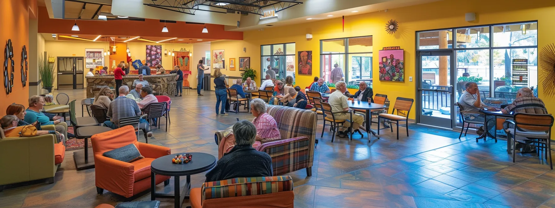 a vibrant, welcoming community center filled with engaged older adults participating in a lively group activity, surrounded by colorful decor and comfortable seating in a well-lit indoor space.