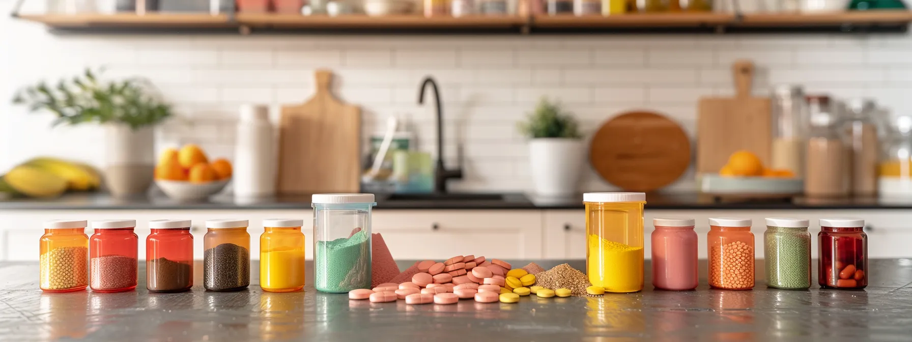 a vibrant, well-lit scene showcases a variety of colorful multivitamin powder containers, elegantly arranged on a sleek kitchen counter, emphasizing the theme of quality and health in dietary supplements.