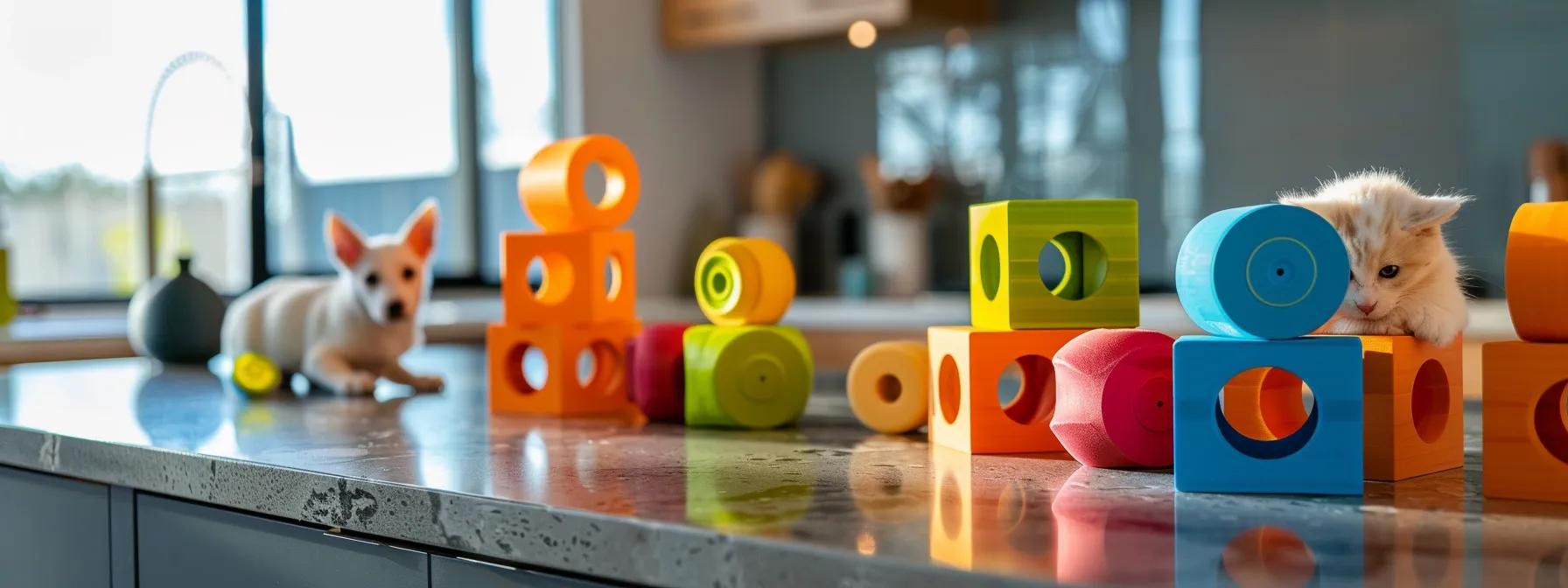 a vibrant, well-lit modern kitchen showcases an array of creatively crafted homemade dog puzzle toys made from colorful cardboard and silicone, enticingly arranged on a sleek countertop to highlight their interactive nature and playful design. a vibrant, well-lit modern kitchen showcases an array of creatively crafted homemade dog puzzle toys made from colorful cardboard and silicone, enticingly arranged on a sleek countertop to highlight their interactive nature and playful design.