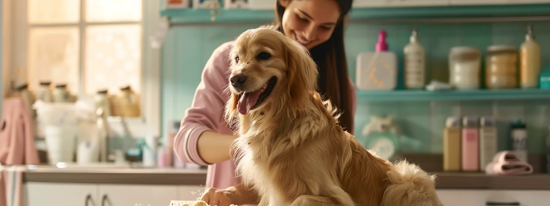a vibrant, well-lit dog grooming salon showcases a cheerful doodle and a golden retriever being pampered, with professional groomers attentively attending to their coats amidst an inviting, modern interior.