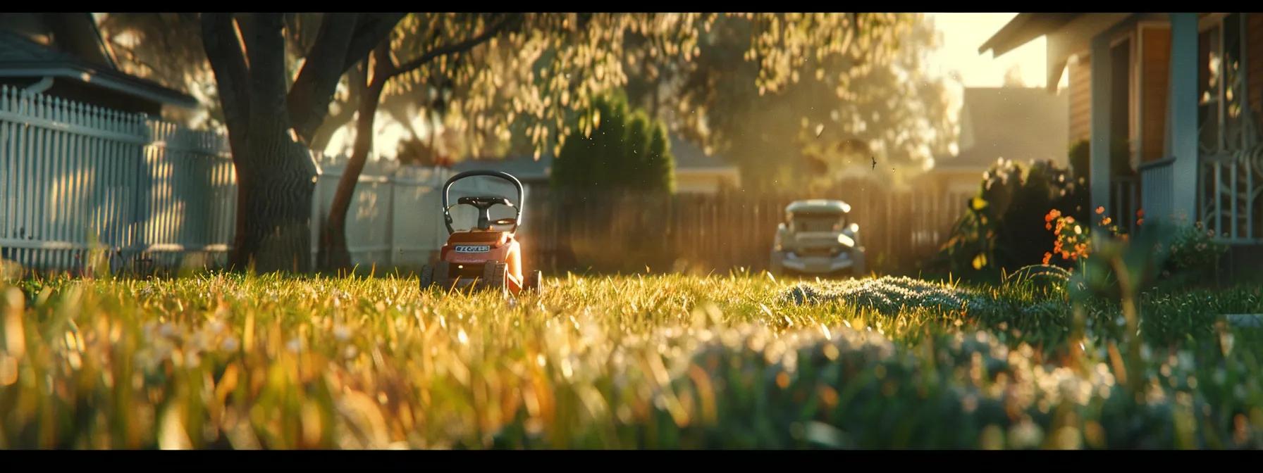 a vibrant, well-manicured suburban lawn showcases freshly cut grass, with a stylish lawn mower parked nearby, captured in a sunlit backyard during the peak growing season. a vibrant, well-manicured suburban lawn showcases freshly cut grass, with a stylish lawn mower parked nearby, captured in a sunlit backyard during the peak growing season.