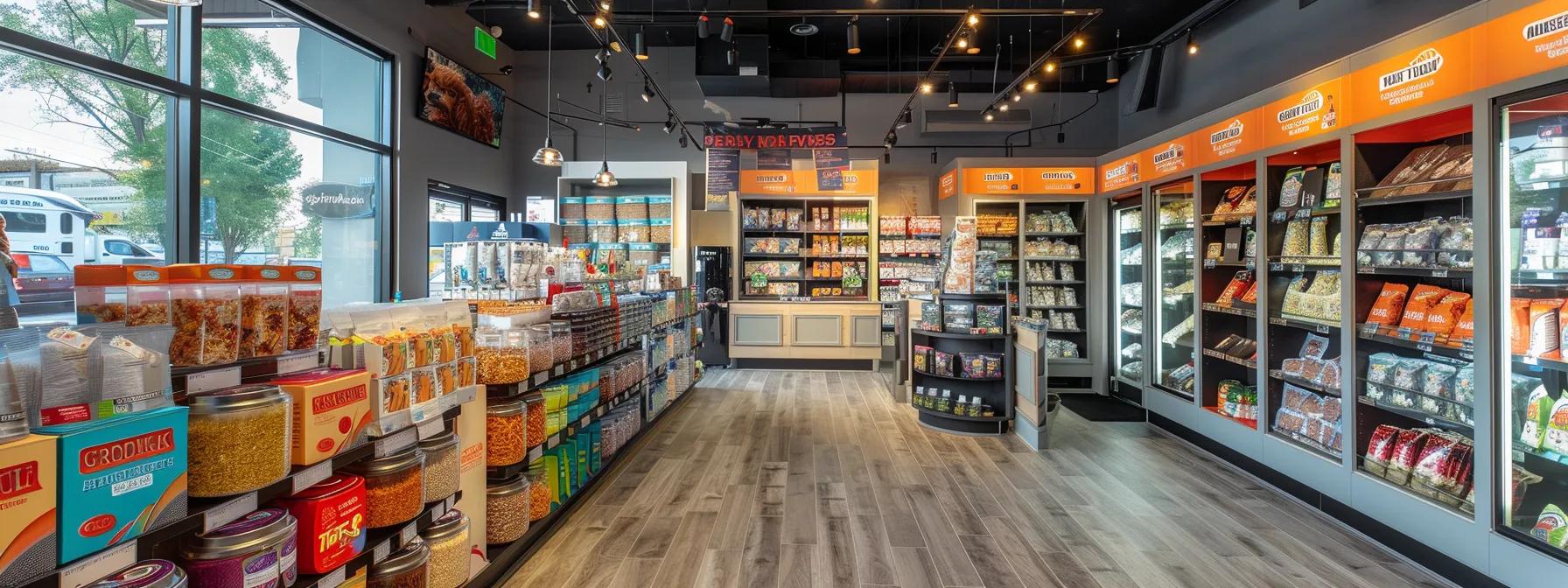 a vibrant, well-lit urban pet store interior showcases a display of freeze-dried dog treats, emphasizing their unique packaging and highlighting targeted health benefits like improved coat shine and dental care through eye-catching signage. a vibrant, well-lit urban pet store interior showcases a display of freeze-dried dog treats, emphasizing their unique packaging and highlighting targeted health benefits like improved coat shine and dental care through eye-catching signage.