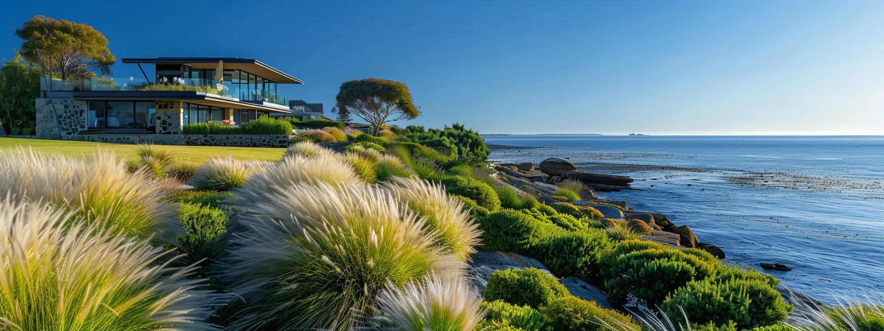 a vibrant, well-maintained coastal property features strategically placed native vegetation along the shoreline, showcasing its critical role in erosion control against a backdrop of a modern seaside home and a clear blue sky.