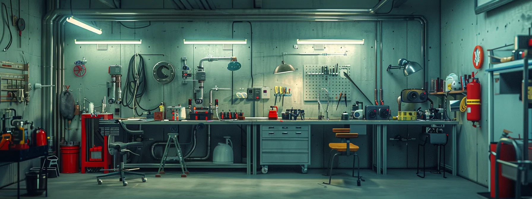 a vibrant, well-organized workspace displays an array of essential plumbing tools, with gleaming pipes, safety gear, and innovative gadgets illuminated by natural light, emphasizing efficiency and readiness for a plumbing reroute.