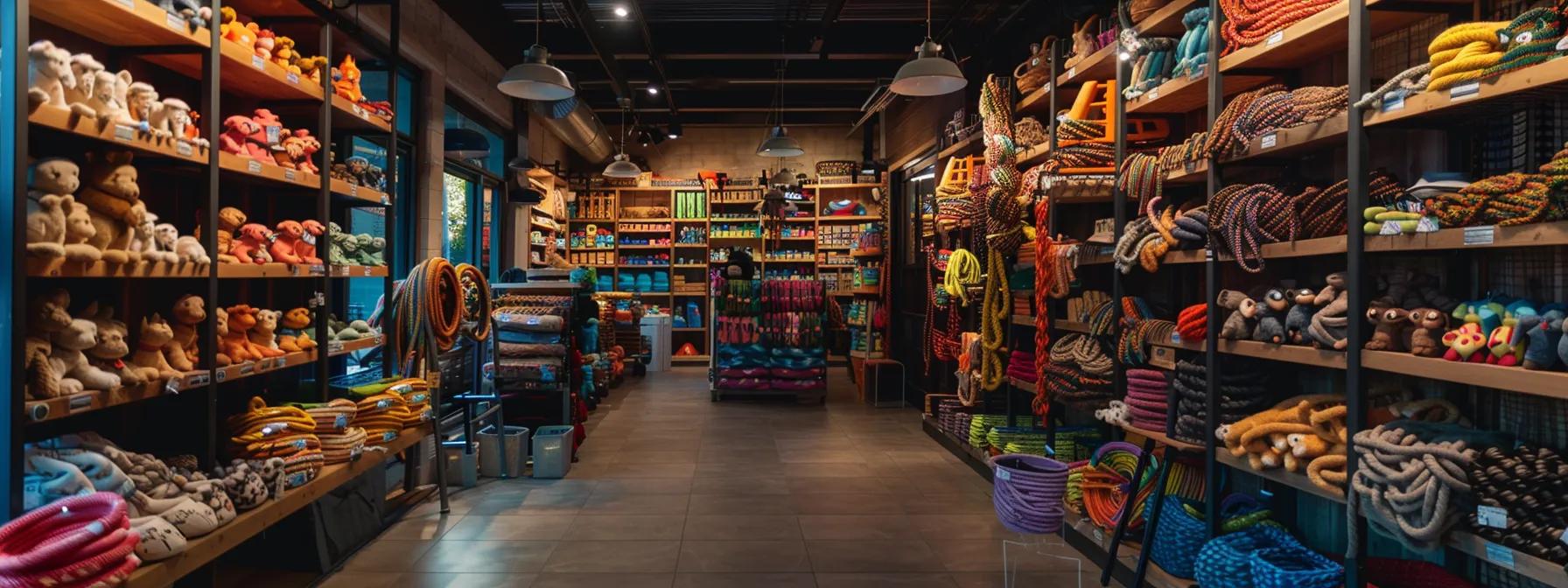a vibrant, well-organized workshop filled with a variety of colorful, durable rope dog toys displayed on sleek shelves, illuminated by bright overhead lights, emphasizing an environment dedicated to safety and quality in pet product design. a vibrant, well-organized workshop filled with a variety of colorful, durable rope dog toys displayed on sleek shelves, illuminated by bright overhead lights, emphasizing an environment dedicated to safety and quality in pet product design.