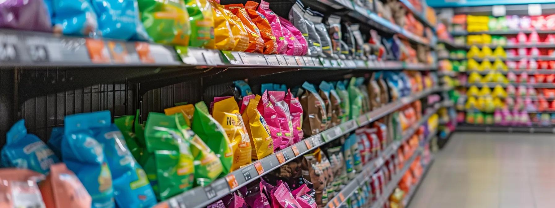a vibrant, well-organized pet store aisle showcases a range of colorful dog chew toys made from various materials, each clearly labeled with detailed safety and durability information, emphasizing eco-friendly choices in a bright, inviting indoor setting.
