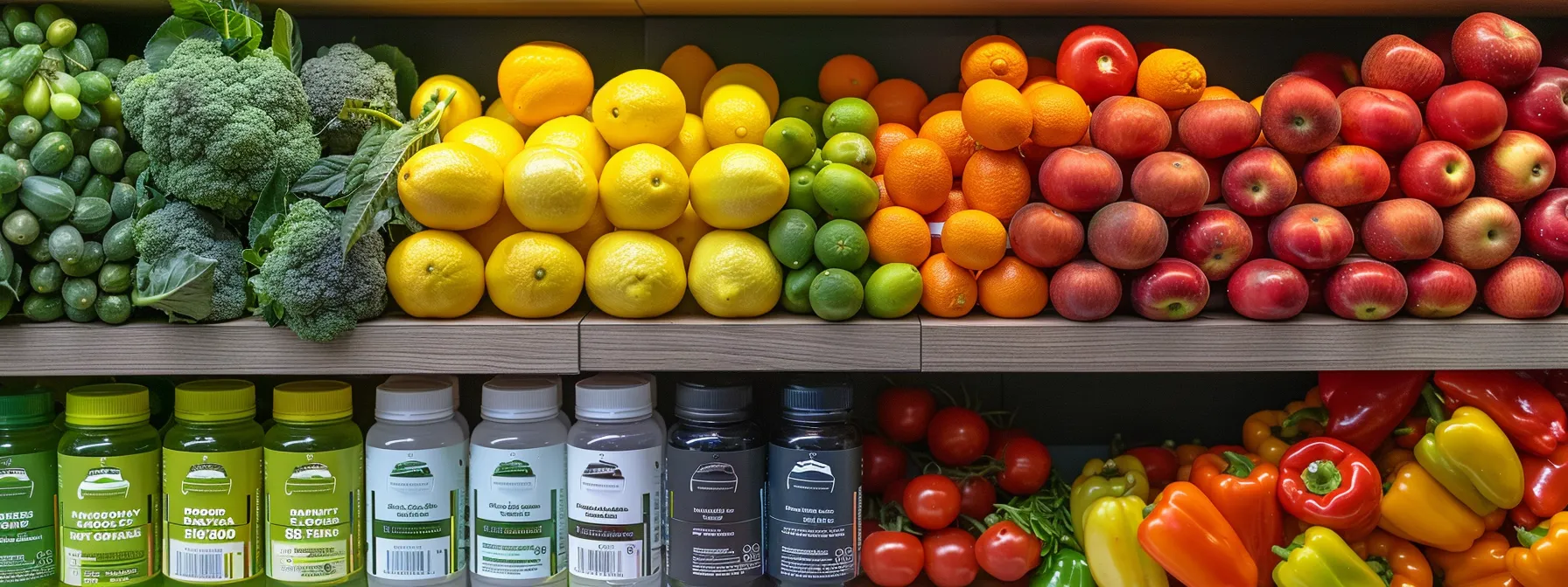 a vibrant, well-organized display of multivitamin and mineral powder containers, beautifully arranged against a backdrop of fresh fruits and vegetables, illuminated by soft, natural light to emphasize their health benefits.