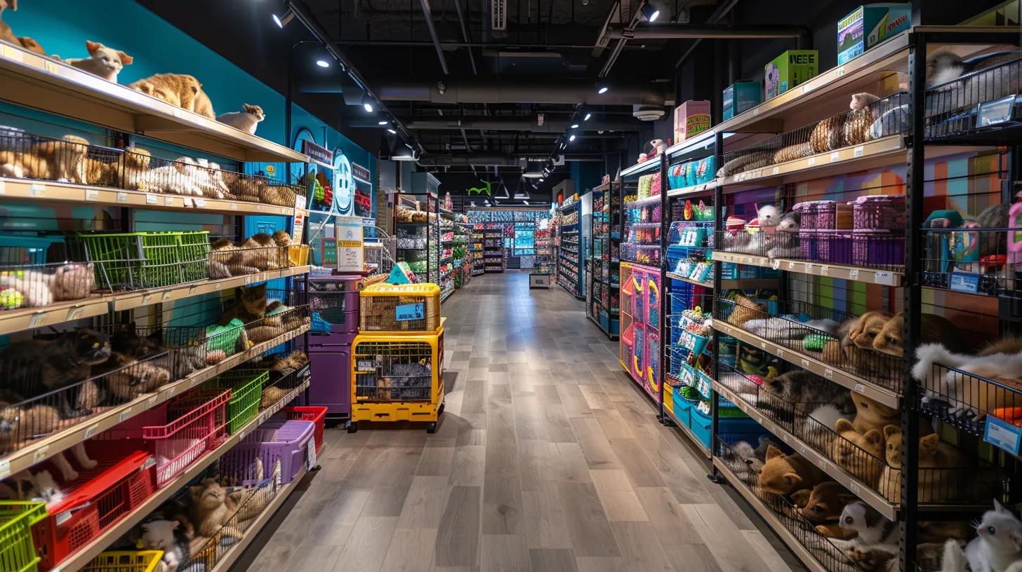 a vibrant, well-organized pet store aisle showcases an array of specialized gear for small animals, featuring colorful cages and interactive toys, all under bright, inviting lighting that highlights the thoughtful design and quality of the products available.