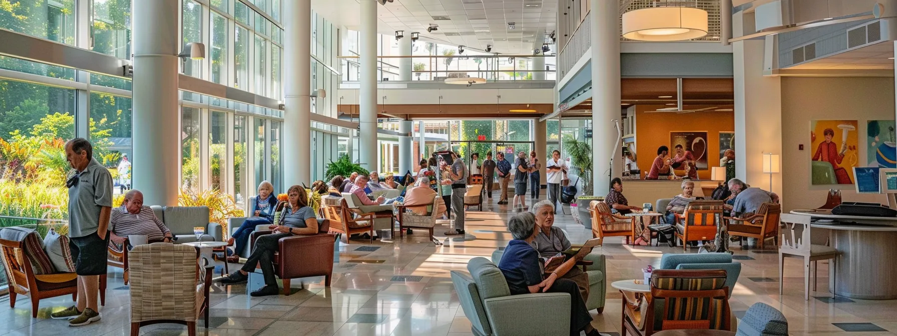 a vibrant, well-lit atrium filled with older adults engaged in lively conversations and activities, surrounded by modern furnishings and art displays that reflect a welcoming indoor community space.