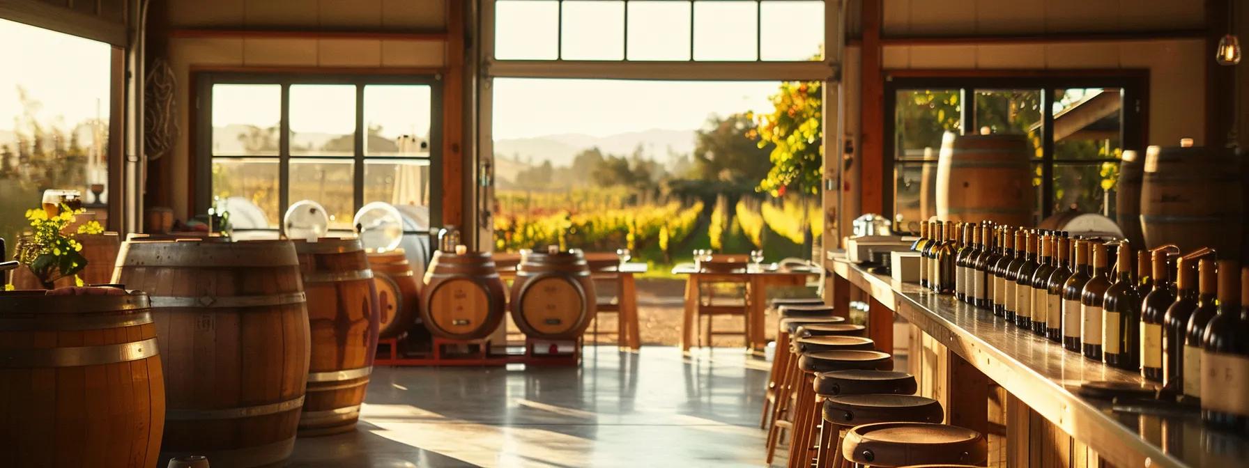 a vibrant wine tasting room, featuring elegant wooden barrels and glass bottles, with a backdrop of sun-drenched vineyards visible through large windows, inviting guests to indulge in the rich heritage of renowned wine regions. a vibrant wine tasting room, featuring elegant wooden barrels and glass bottles, with a backdrop of sun-drenched vineyards visible through large windows, inviting guests to indulge in the rich heritage of renowned wine regions.