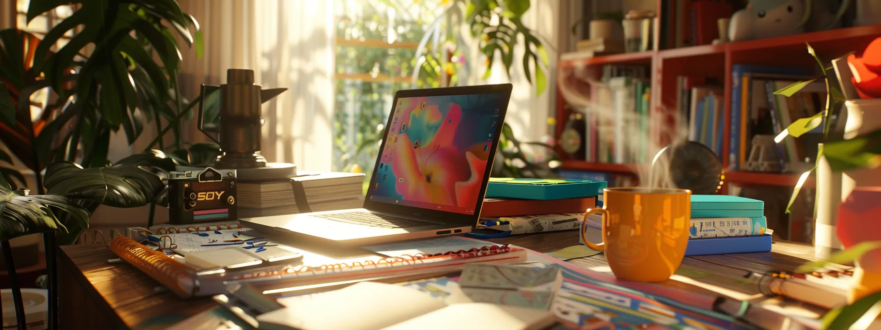 a vibrant workspace filled with creative energy, featuring an open laptop illuminated by warm sunlight, surrounded by colorful notebooks and a steaming coffee cup, symbolizing the art of crafting engaging content. a vibrant workspace filled with creative energy, featuring an open laptop illuminated by warm sunlight, surrounded by colorful notebooks and a steaming coffee cup, symbolizing the art of crafting engaging content.