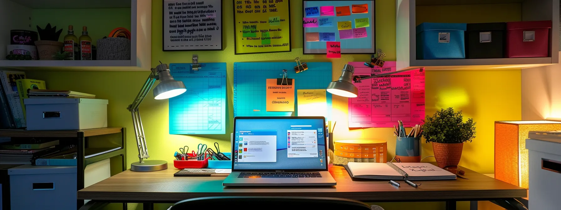 a vibrant workspace filled with colorful notebooks, a laptop illuminated by soft natural light, and inspirational quotes on the walls, all symbolizing the creative energy and clarity essential for effective copywriting. a vibrant workspace filled with colorful notebooks, a laptop illuminated by soft natural light, and inspirational quotes on the walls, all symbolizing the creative energy and clarity essential for effective copywriting.