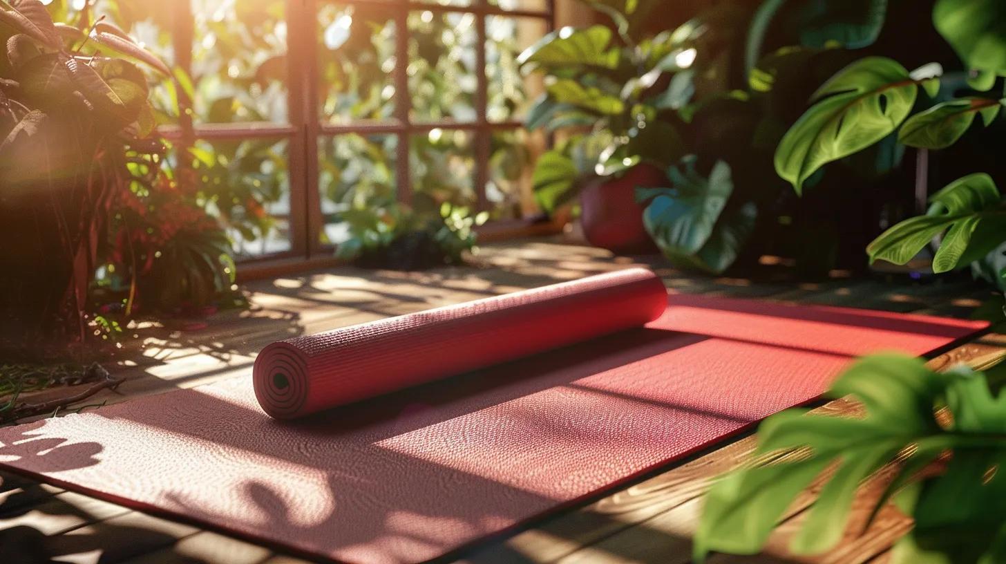 a vibrant yoga mat lies gracefully on a sunlit wooden floor, surrounded by calming greenery, embodying the essence of tranquility and mindfulness in practice. a vibrant yoga mat lies gracefully on a sunlit wooden floor, surrounded by calming greenery, embodying the essence of tranquility and mindfulness in practice.