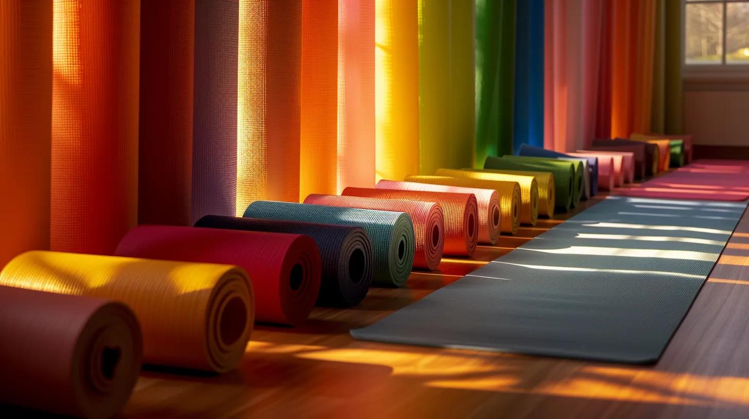 a vibrant yoga studio bathed in soft natural light showcases various yoga mats, each designed for specific practices, ranging from moisture-retentive mats for hot yoga to plush, comforting mats for restorative sessions, creating an inviting and serene atmosphere for practitioners. a vibrant yoga studio bathed in soft natural light showcases various yoga mats, each designed for specific practices, ranging from moisture-retentive mats for hot yoga to plush, comforting mats for restorative sessions, creating an inviting and serene atmosphere for practitioners.