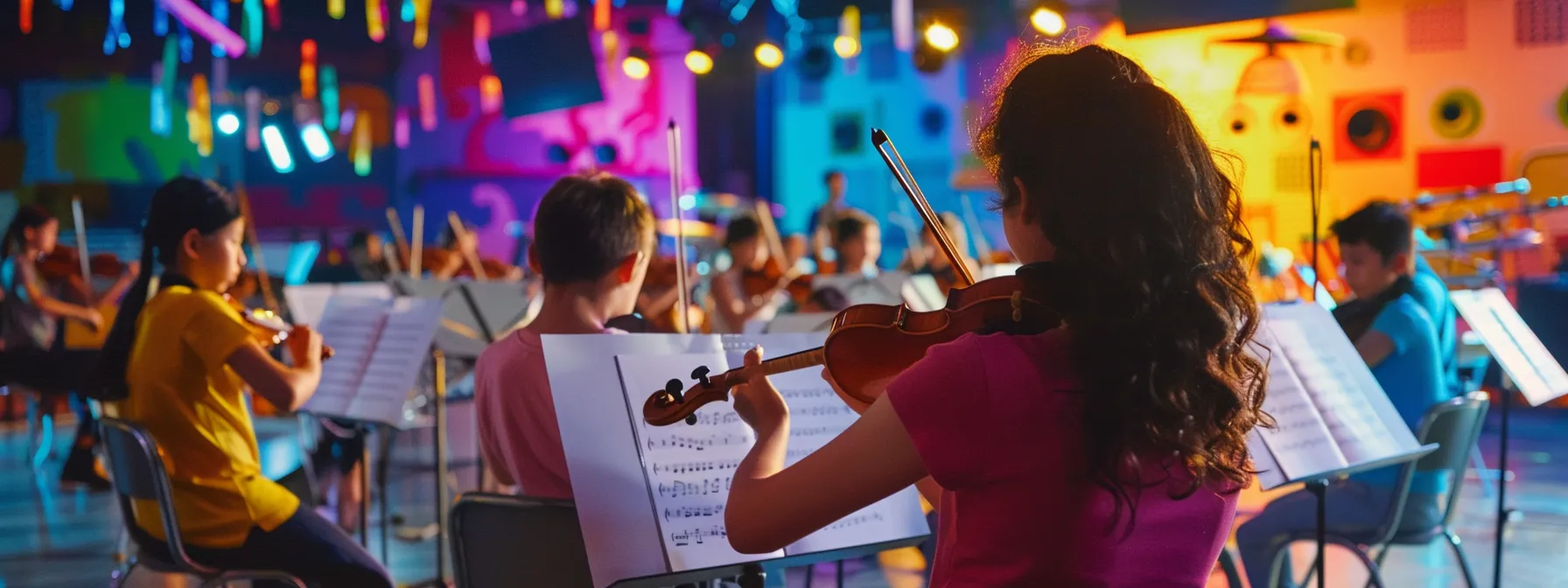 a vibrant youth orchestra camp scene captures young musicians passionately practicing in a dynamic indoor rehearsal space, surrounded by colorful music stands and engaged instructors, highlighting the energy of learning and collaboration. a vibrant youth orchestra camp scene captures young musicians passionately practicing in a dynamic indoor rehearsal space, surrounded by colorful music stands and engaged instructors, highlighting the energy of learning and collaboration.