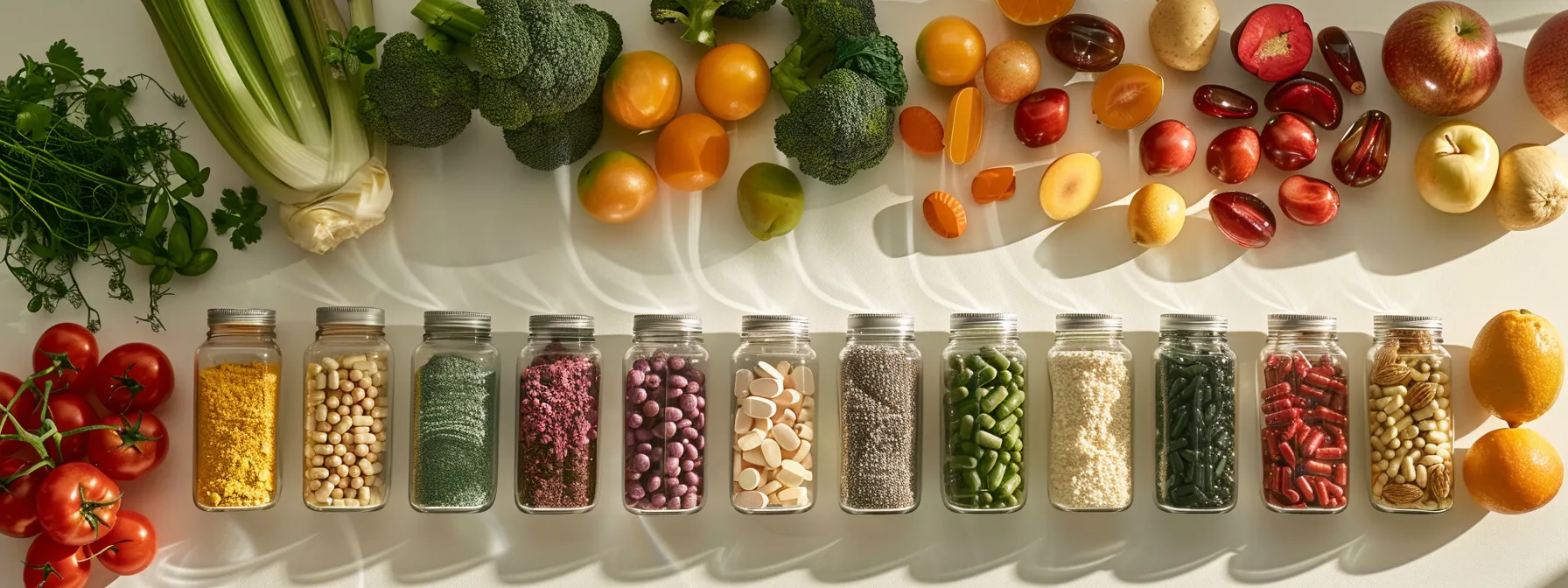 a vibrantly arranged display of various powdered vitamin supplements in transparent containers, surrounded by fresh fruits and vegetables, illuminated by natural sunlight, highlighting the importance of mindful health choices and potential side effects.