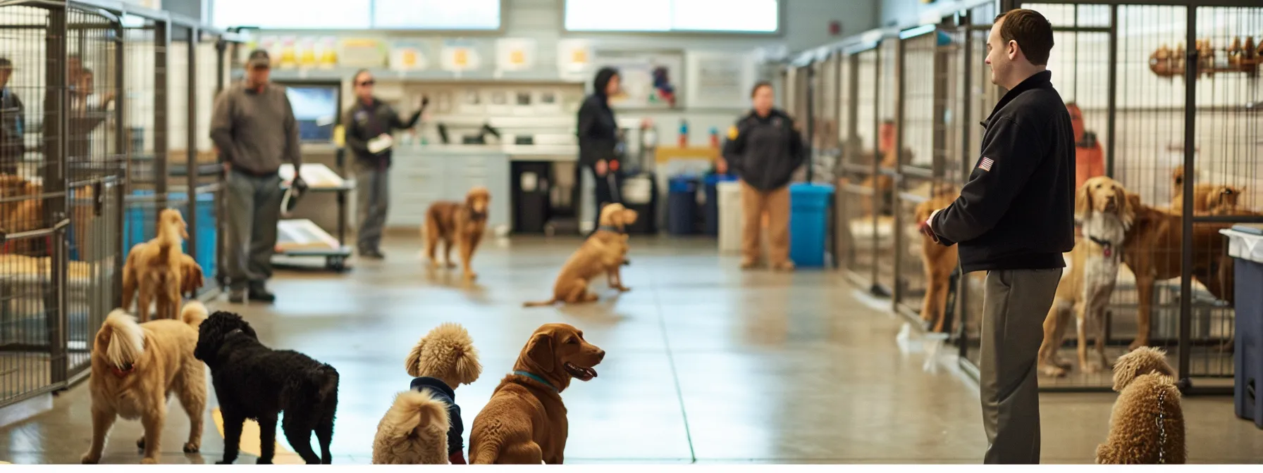 a vigilant trainer observes a group of joyful doodles and retrievers interacting in a well-organized dog boarding facility, surrounded by professional staff engaging in ongoing education, all captured in a bright, focused indoor environment that emphasizes attentive care and safety.