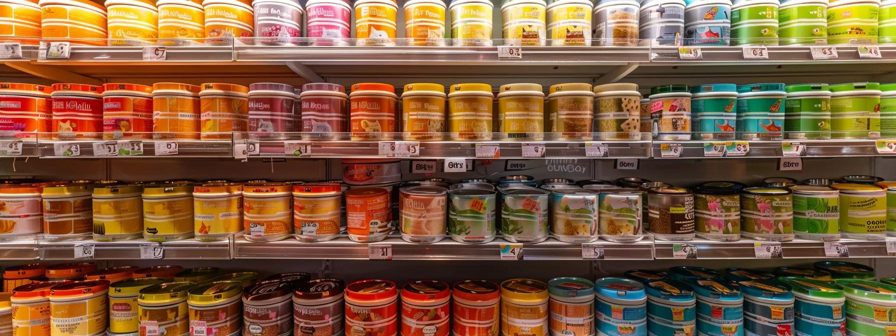 a visually appealing display of neatly arranged canned kitten food trays in a modern pet supply store, showcasing vibrant packaging and clear portion sizes, with the bright overhead lighting accentuating the convenience and quality of the products. a visually appealing display of neatly arranged canned kitten food trays in a modern pet supply store, showcasing vibrant packaging and clear portion sizes, with the bright overhead lighting accentuating the convenience and quality of the products.