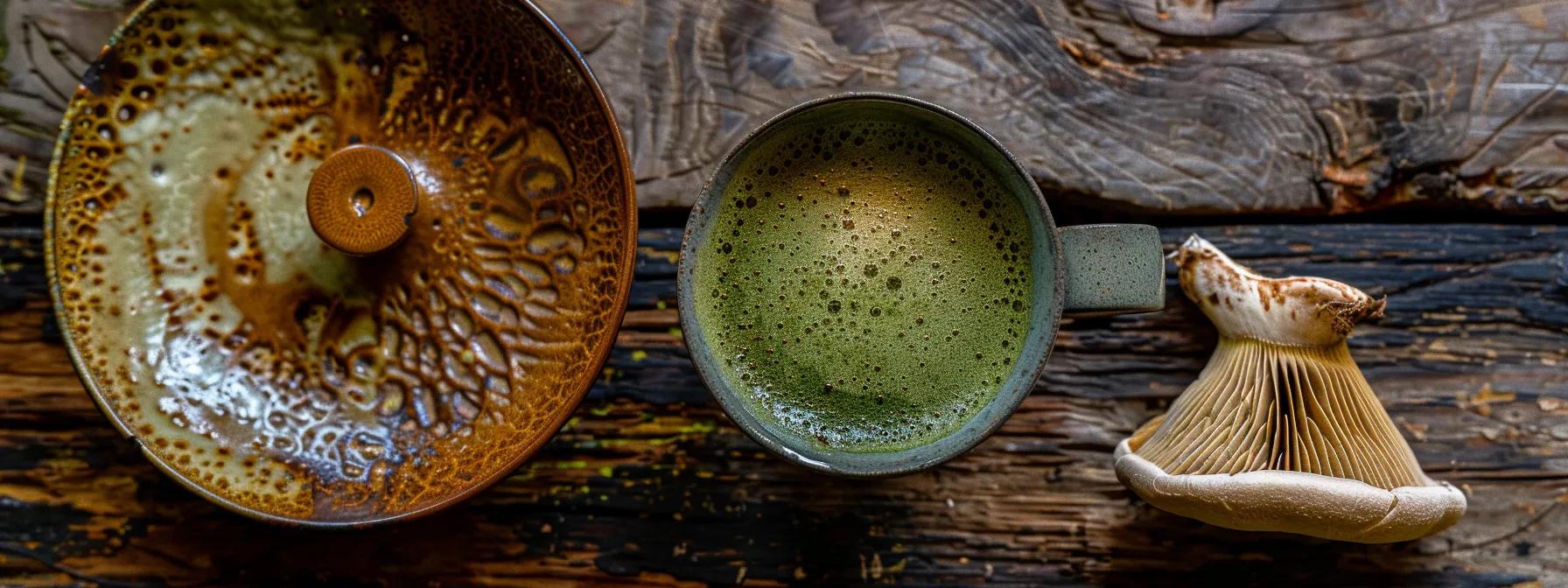a visually captivating composition of vibrant green mushroom matcha in an elegant cup, exuding freshness and aroma, set against a backdrop of rustic wooden textures to emphasize its evolving flavors over time.