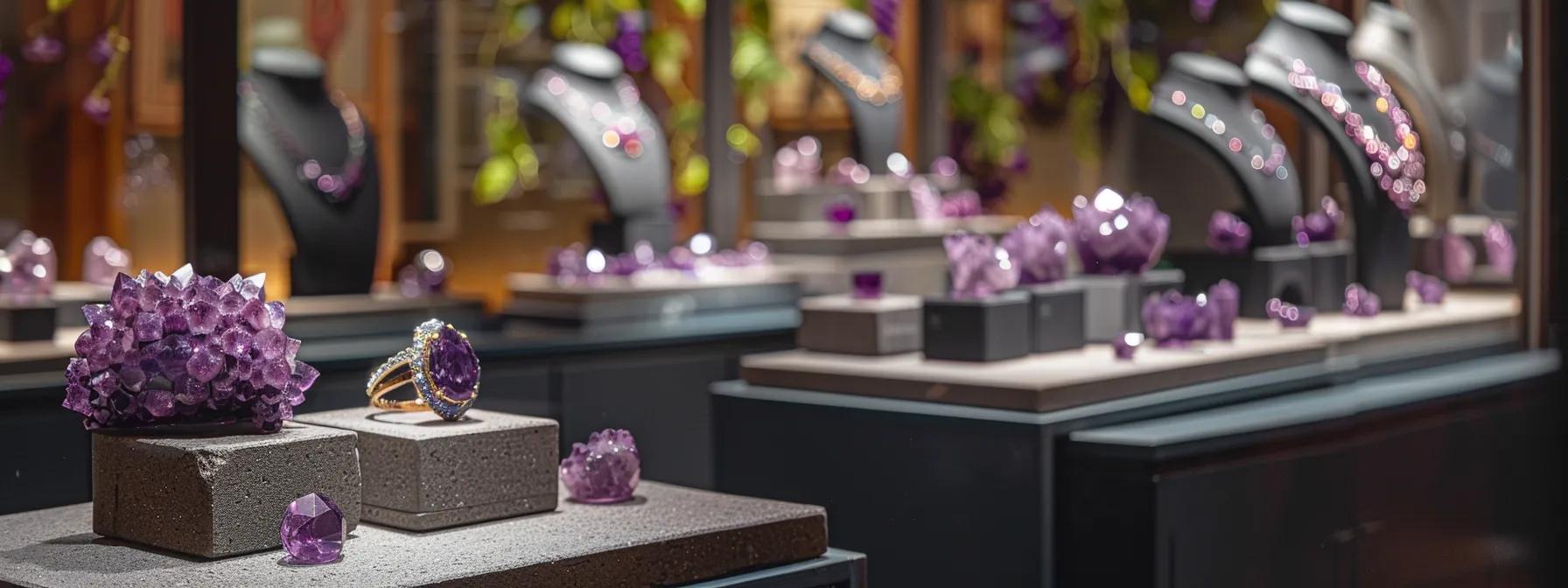 a visually captivating display of an elegant custom-made jewelry collection on sleek, modern pedestals in a chic urban boutique, highlighting unique pieces like a dazzling amethyst engagement ring and a stylish necklace inspired by the skyline of new york city. a visually captivating display of an elegant custom-made jewelry collection on sleek, modern pedestals in a chic urban boutique, highlighting unique pieces like a dazzling amethyst engagement ring and a stylish necklace inspired by the skyline of new york city.